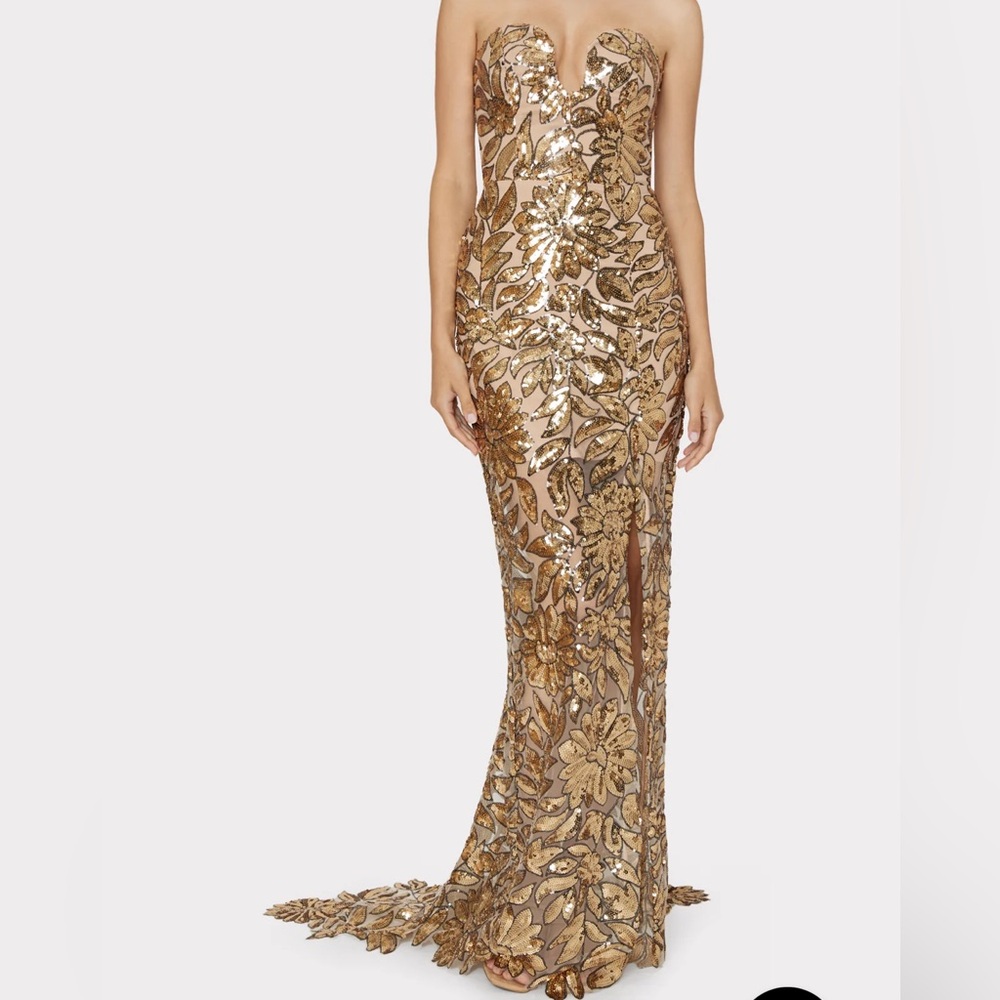 MILLY Roslynn Floral Garden Sequin Gown in gold. Worn once - no alterations!